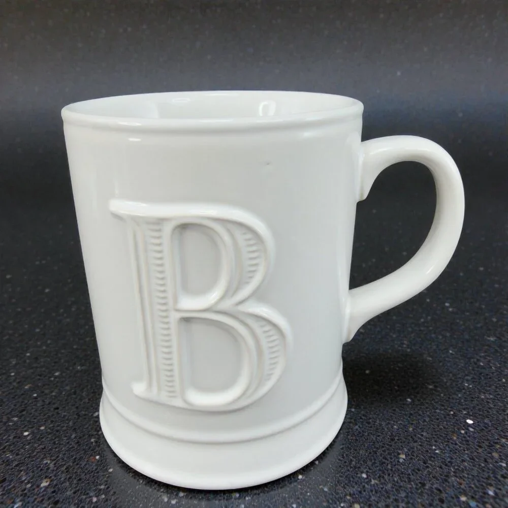 Pottery Barn Monogram Letter B White Raised Letter Ceramic Stoneware Cup Mug